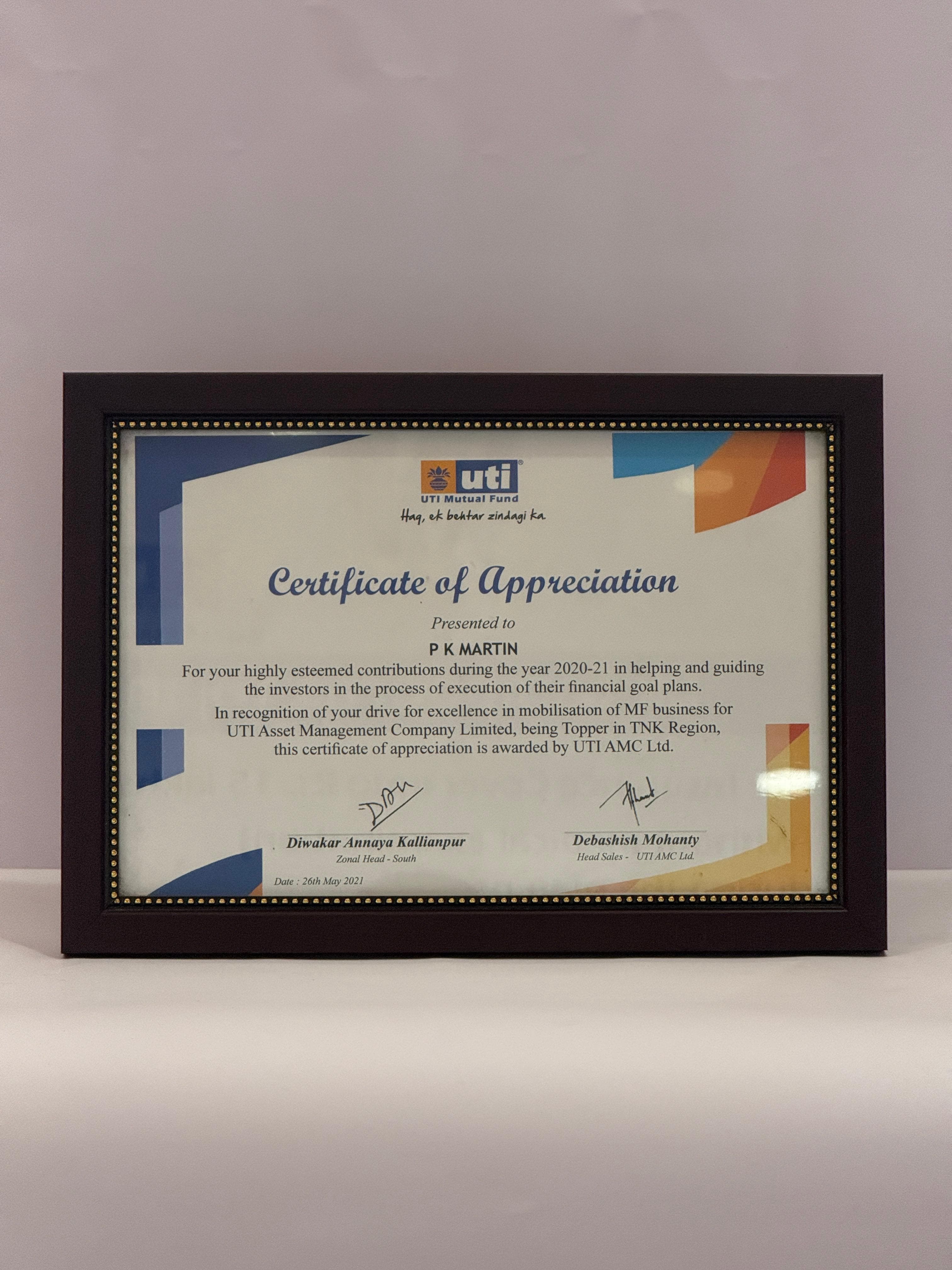 Certificate of Appreciation — Topper, TNK Region 2020–21