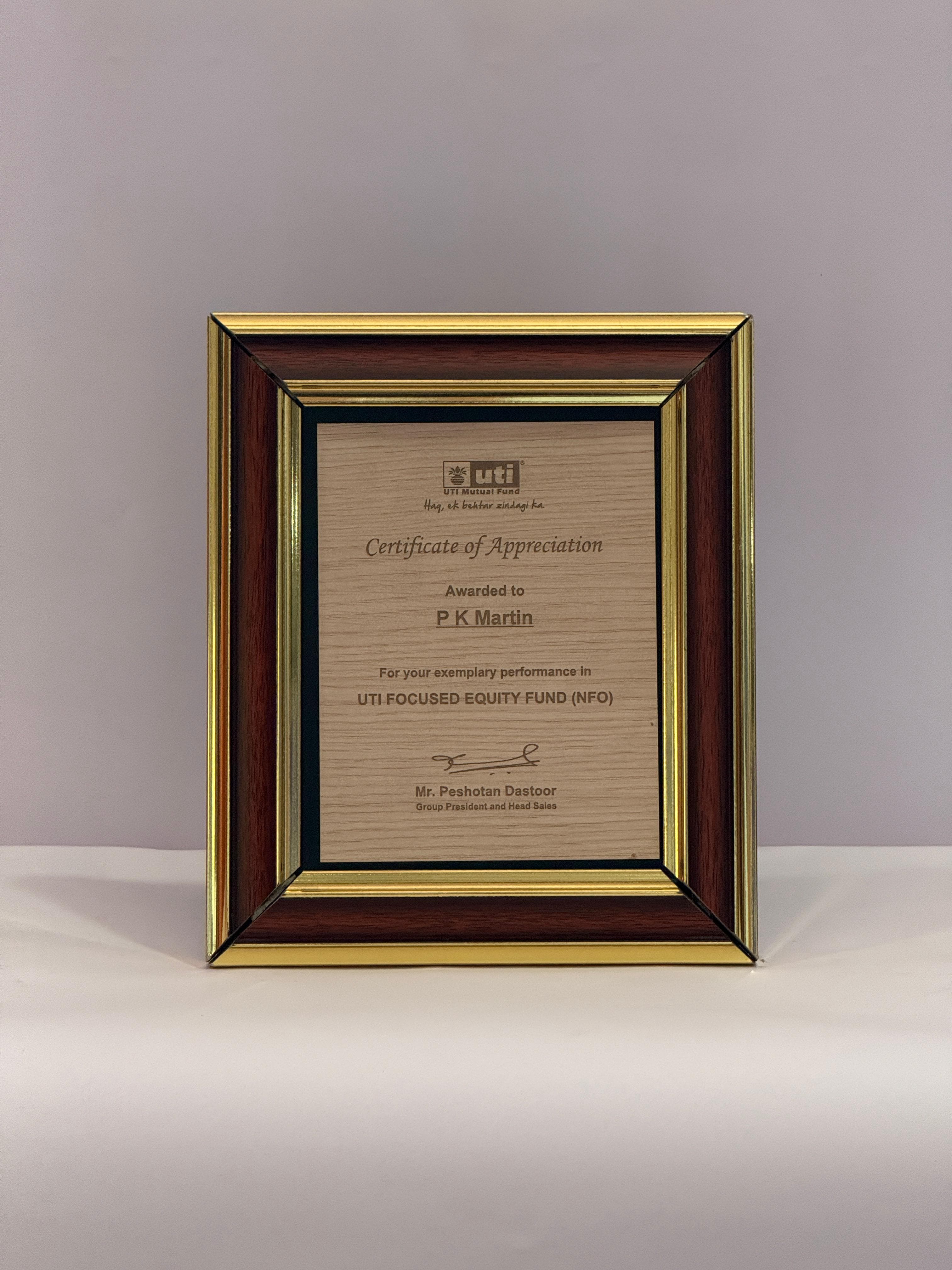 Certificate of Appreciation — UTI Focussed Equity Fund (NFO)